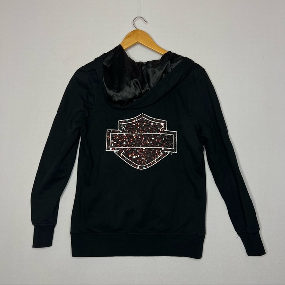 Harley-Davidson Jackets & Blazers - Harley Davidson Women’s Black Red Biker Sparkle Fleece Hoodie Sweater Size M